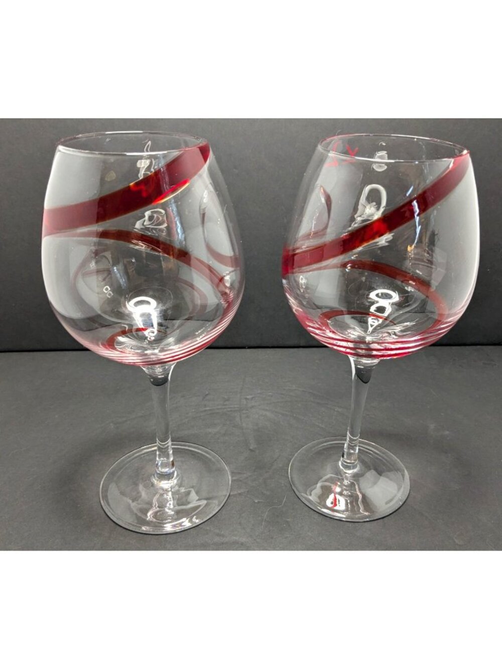 Pier 1 Red Swirline Balloon Wine Glasses Set Of 2 8.5" Clear & Red Ribbon Design
